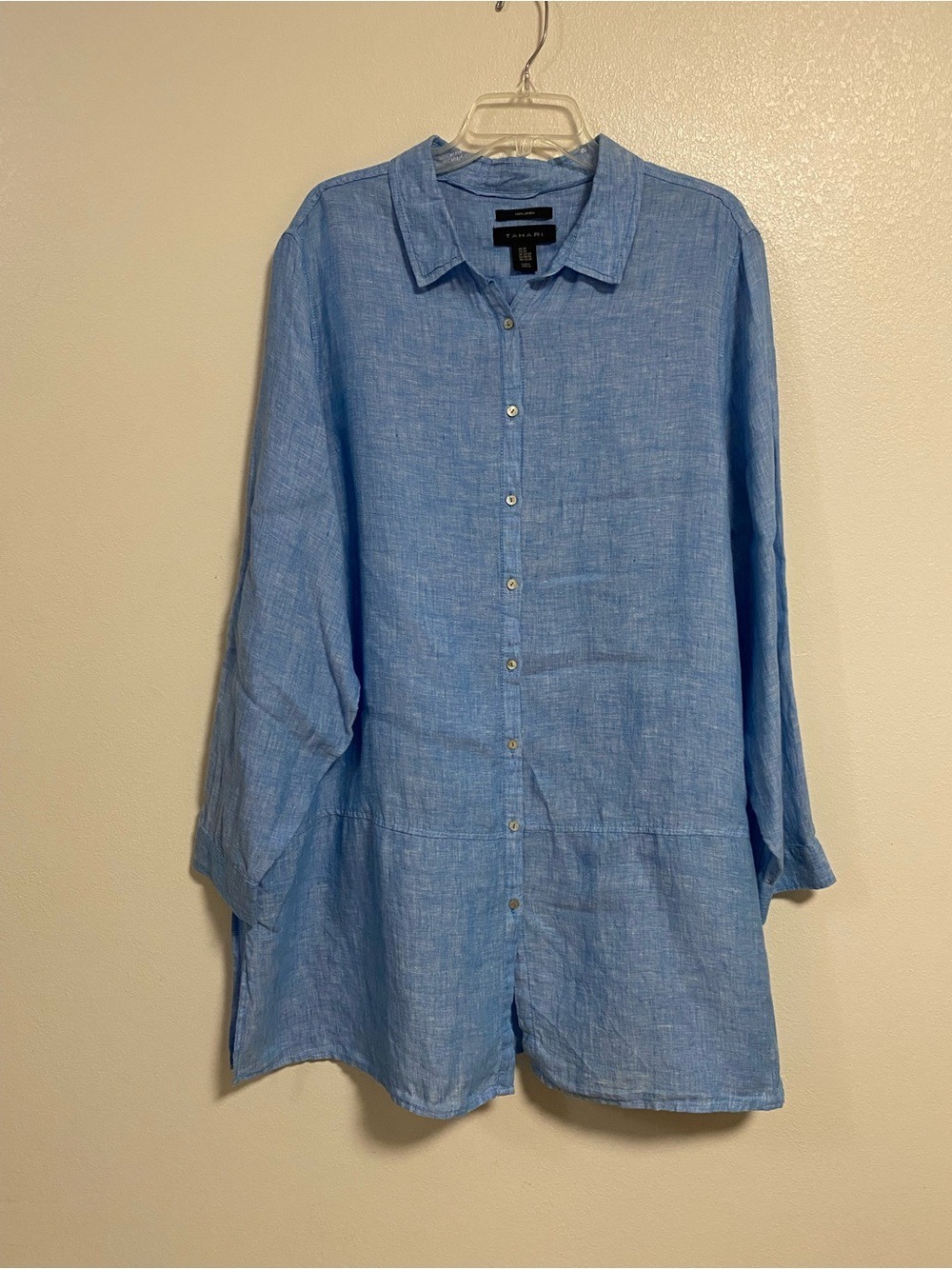 Tahari Tunic Women’s Size 2X Blue Linen Button-Down Tunic long sleeve